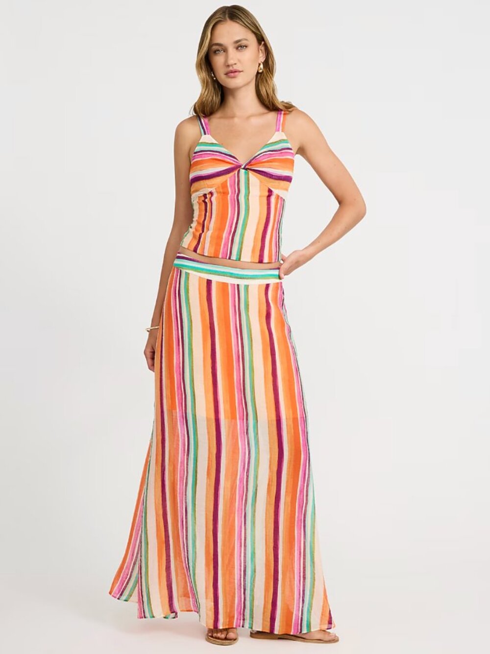 Express Two Piece Set: Textured Striped V-neck Twist Front Tank + Textured Strip